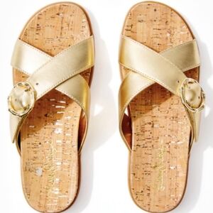 Lilly Pulitzer Bayshore Metallic Gold Cross Slide Sandals